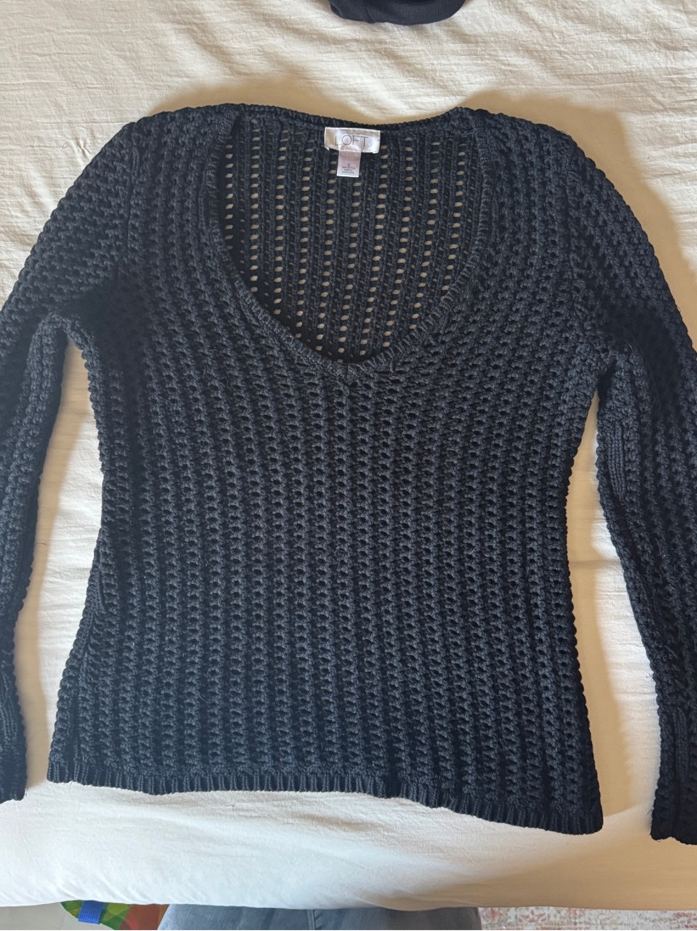 LOFT Black Open-Knit V-Neck Sweater